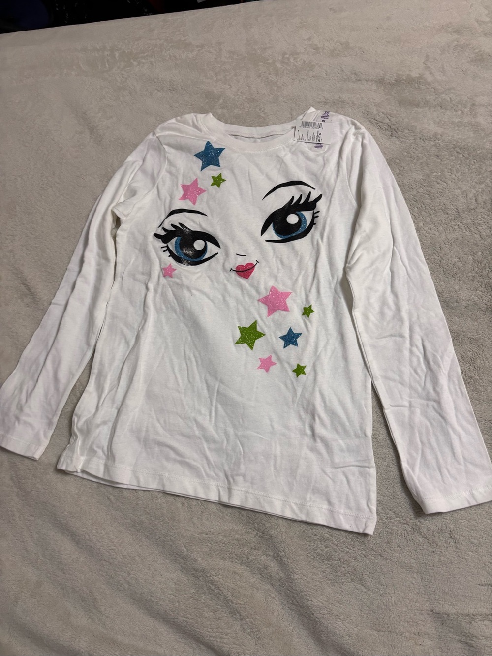 The Children's Place White Long Sleeve Tee with Glitter Face and Stars